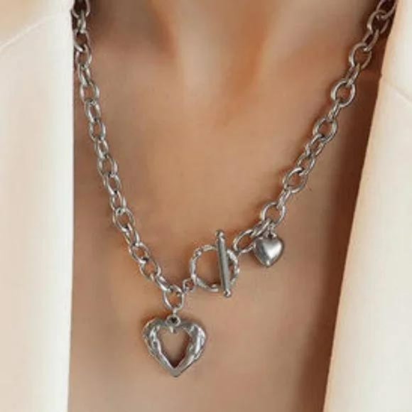 Silver Choker Necklace Heart Pendant OT Clasp Women - Picture 3 of 6